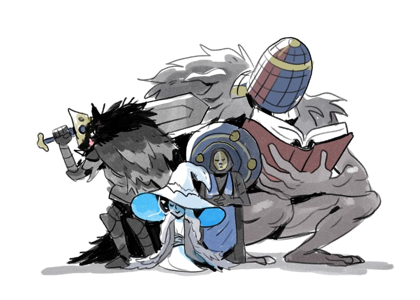 ranni the witch, blaidd the half-wolf, war counselor iji, and preceptor seluvis (elden ring) drawn by trisketched