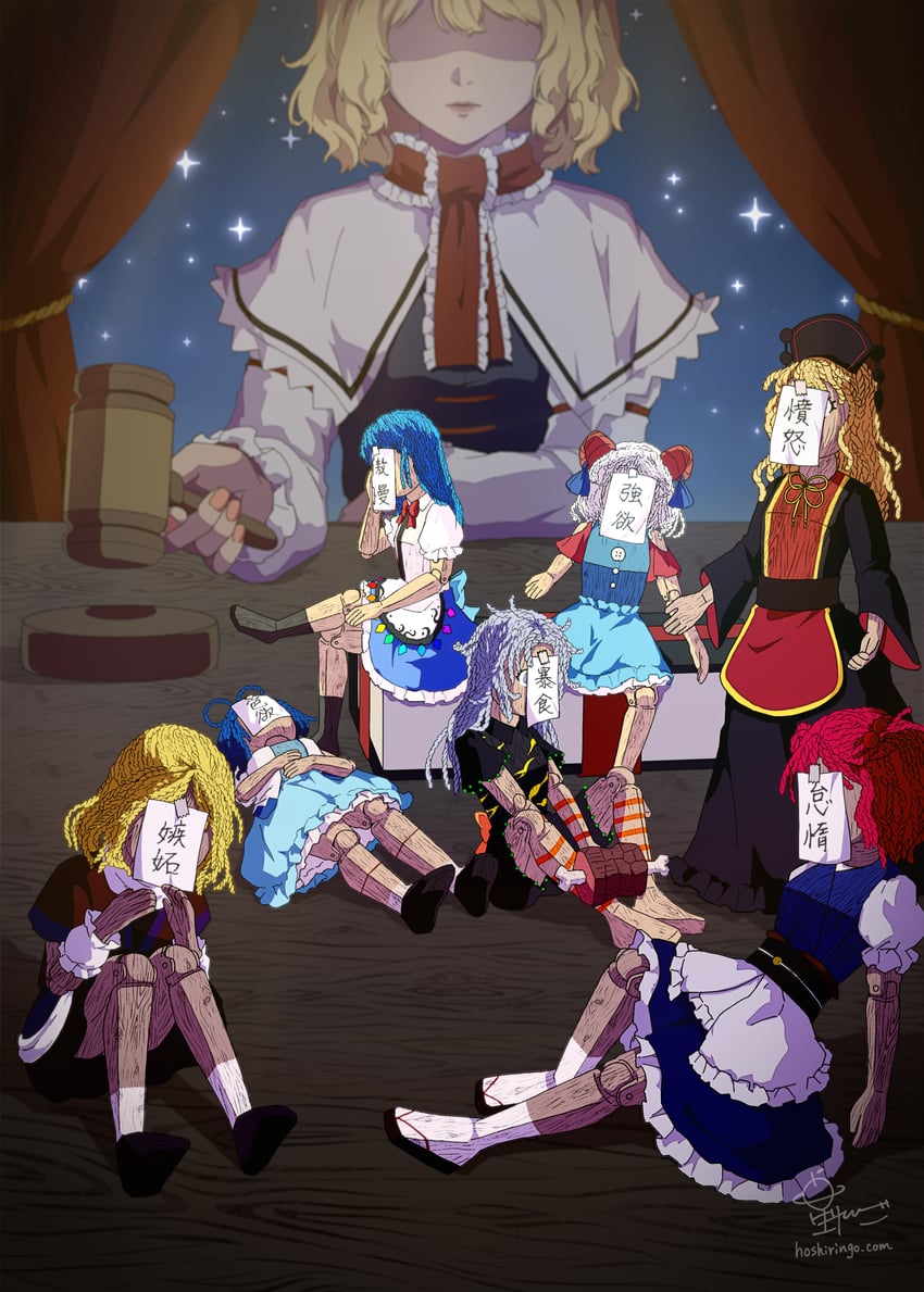 alice margatroid, hinanawi tenshi, mizuhashi parsee, onozuka komachi, kaku seiga, and 3 more (touhou) drawn by hoshiringo0902