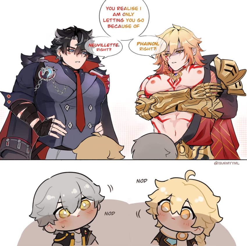 trailblazer, aether, caelus, wriothesley, and mydei (genshin impact and 3 more) drawn by yammyyml