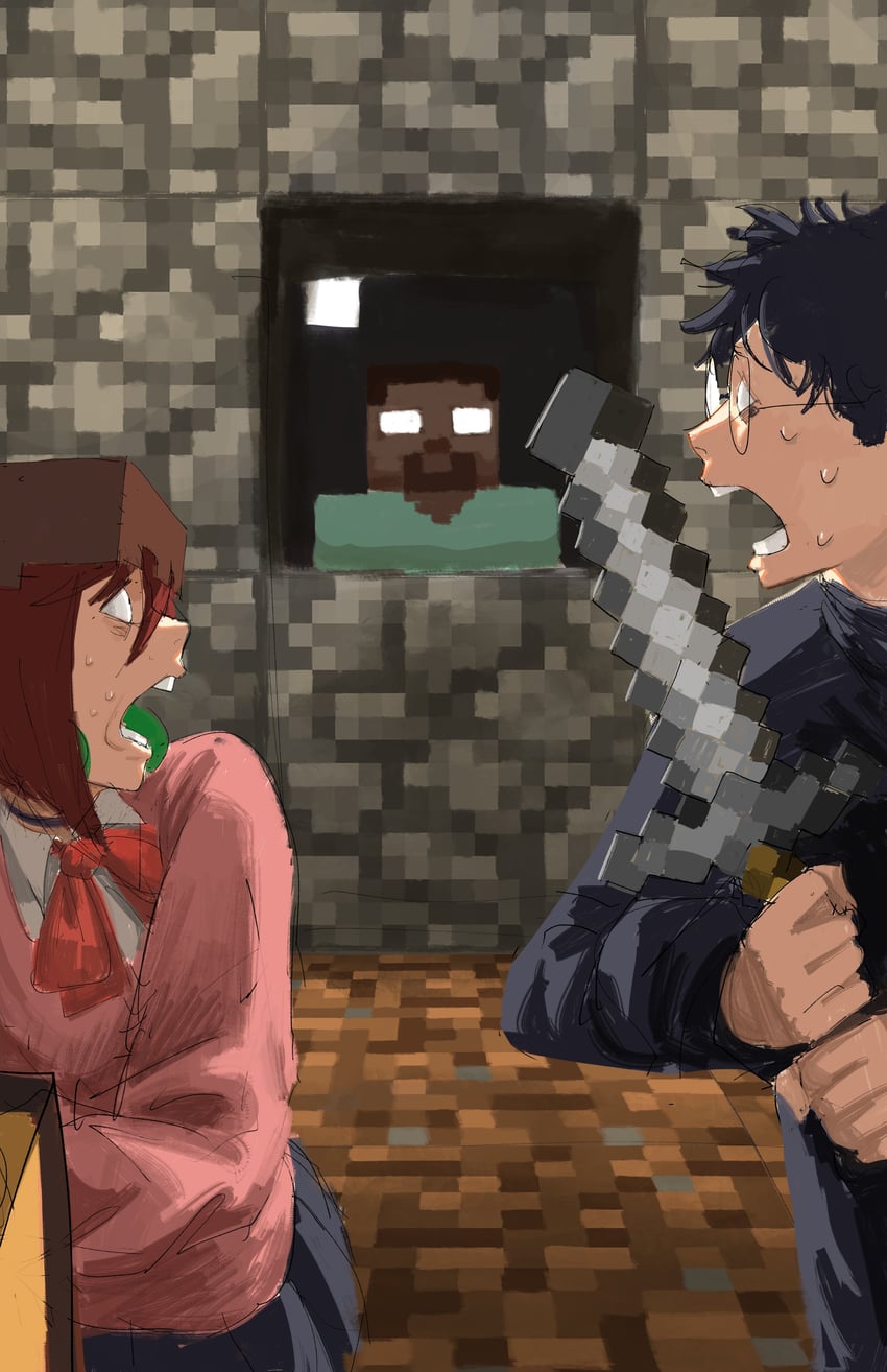 ayase momo, takakura ken, and herobrine (minecraft and 1 more) drawn by titann