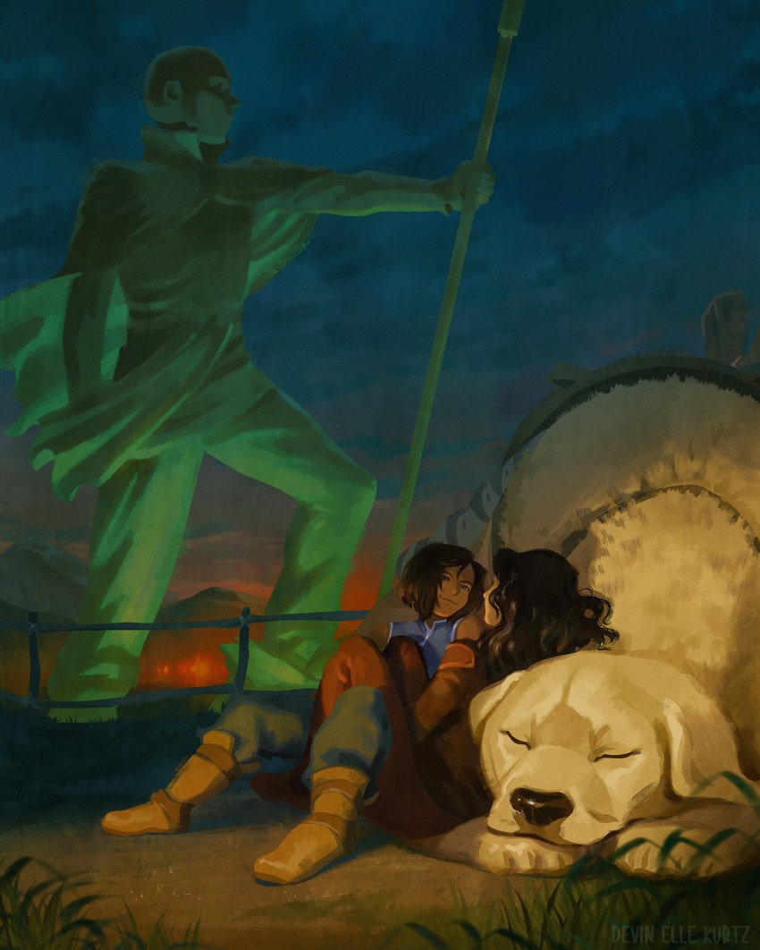 korra, asami sato, aang, and naga (avatar legends and 1 more) drawn by devin_elle_kurtz