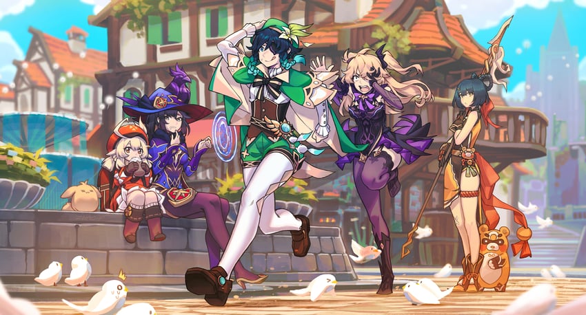 mona, venti, klee, fischl, xiangling, and 2 more (genshin impact) drawn by zhaoyuan_pan