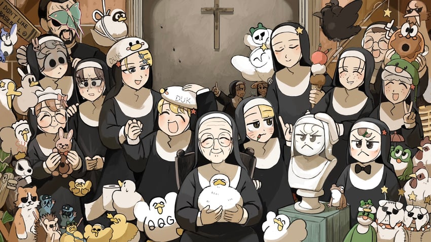 clumsy nun, froggy nun, spicy nun, strict nun, sheep nun, and 10 more (little nuns) drawn by diva_(hyxpk)