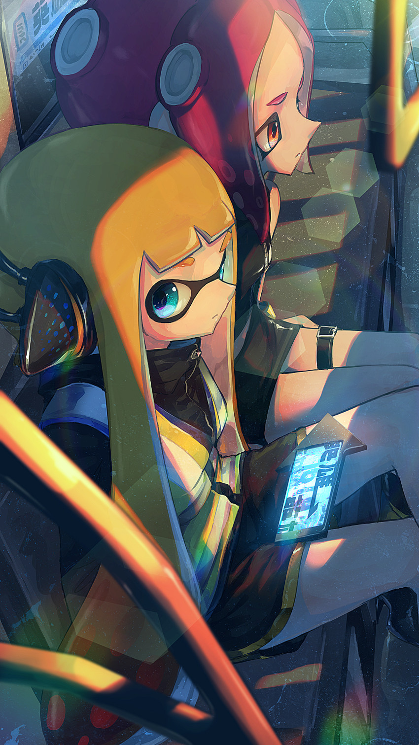 inkling player character, inkling girl, octoling player character, octoling girl, agent 8, and 1 more (splatoon and 2 more) drawn by kashu_(hizake)