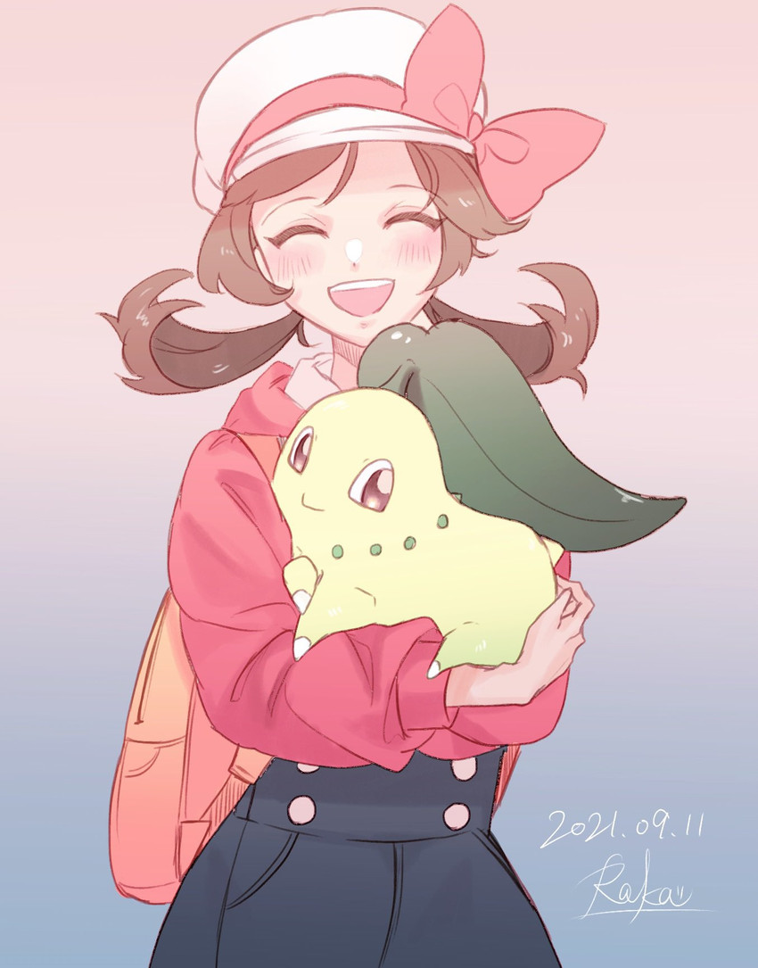 lyra and chikorita (pokemon and 1 more) drawn by r.aka.