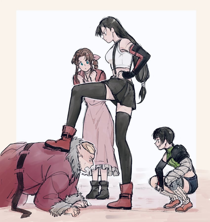 tifa lockhart, aerith gainsborough, yuffie kisaragi, and don corneo (final fantasy and 3 more) drawn by oishiioniku1129