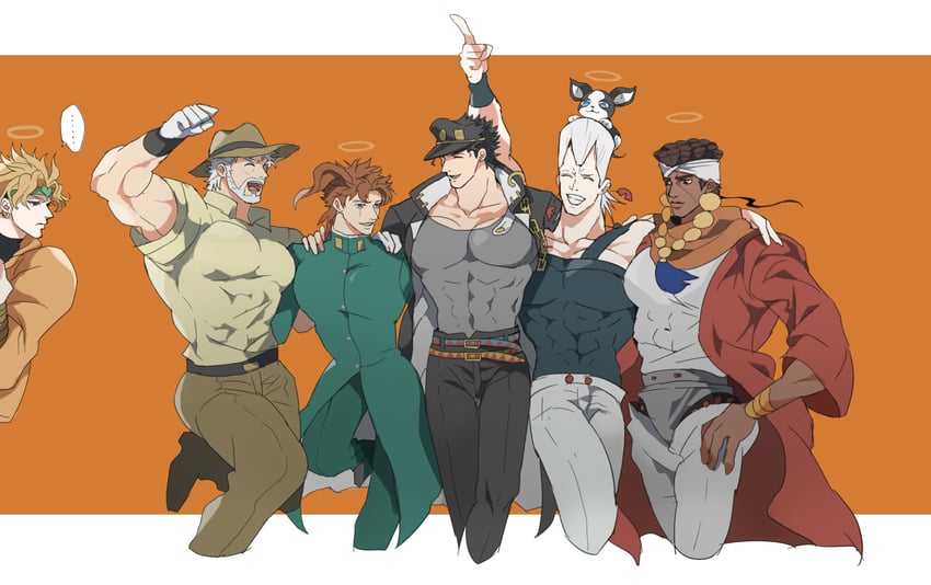 joseph joestar, kujo jotaro, dio brando, kakyoin noriaki, jean pierre polnareff, and 2 more (jojo no kimyou na bouken and 1 more) drawn by erk_(okra_ecory)