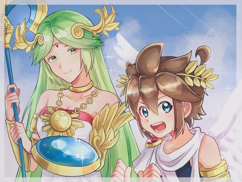 palutena and pit (kid icarus and 1 more) drawn by waffuum