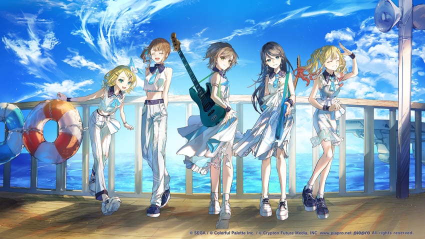 kagamine rin, tenma saki, hoshino ichika, mochizuki honami, hinomori shiho, and 1 more (vocaloid and 2 more) drawn by karanagare