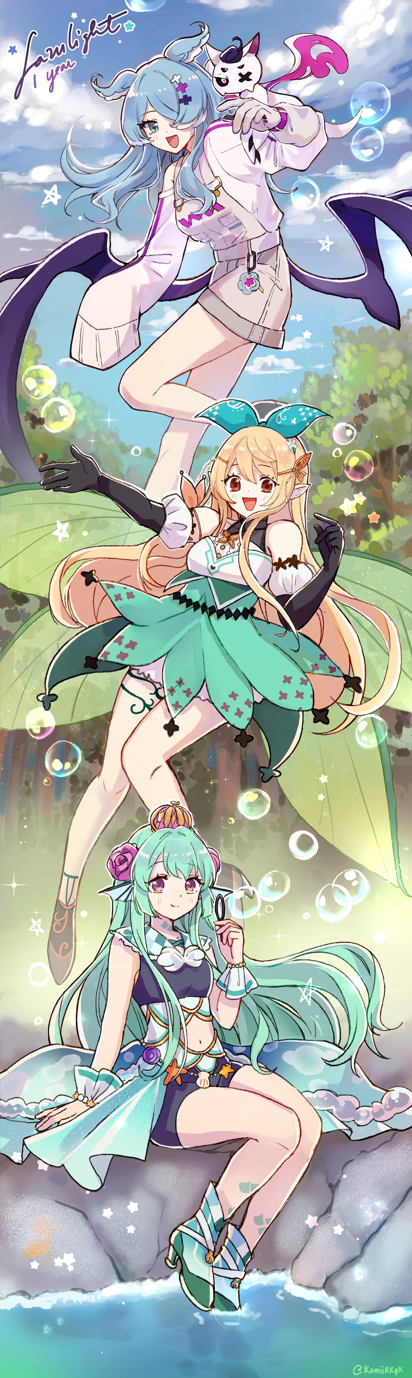 elira pendora, pomu rainpuff, finana ryugu, and pikl (nijisanji and 1 more) drawn by hakamii