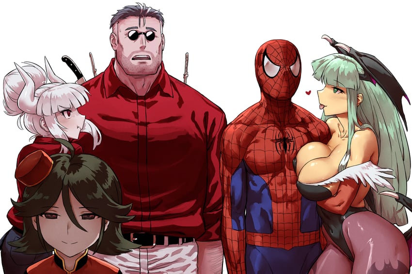 morrigan aensland, lucifer, spider-man, helltaker, and elevator girl (marvel and 5 more) drawn by haraya_manawari