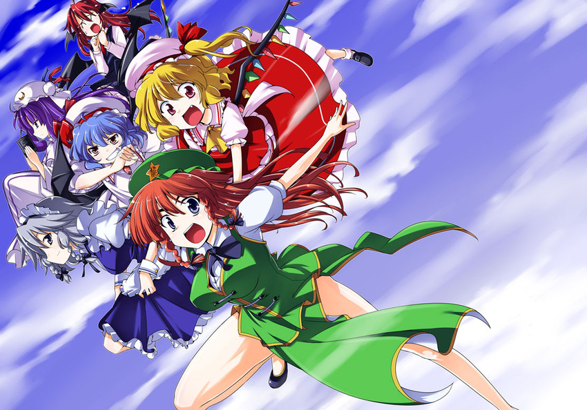remilia scarlet, flandre scarlet, izayoi sakuya, patchouli knowledge, hong meiling, and 1 more (touhou) drawn by kiku_hitomoji