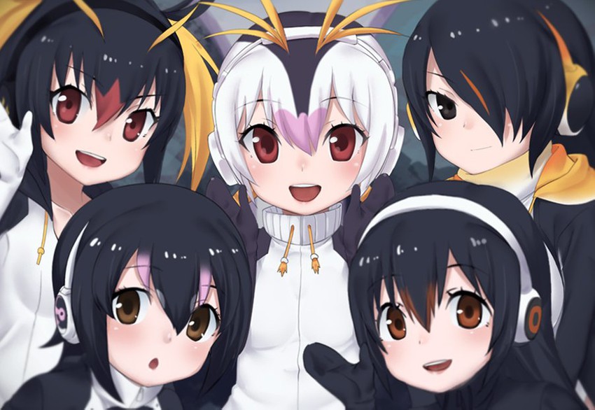 emperor penguin, humboldt penguin, royal penguin, rockhopper penguin, and gentoo penguin (kemono friends) drawn by nyifu