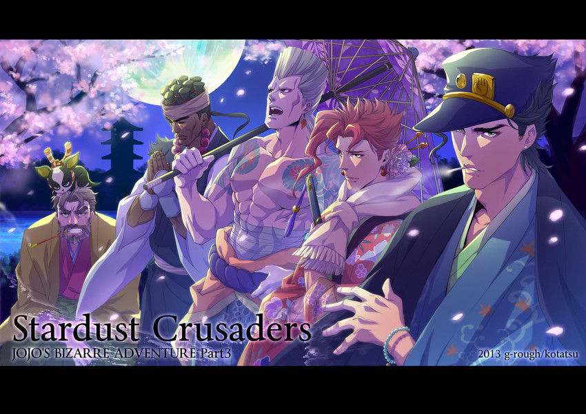 joseph joestar, kujo jotaro, kakyoin noriaki, jean pierre polnareff, mohammed avdol, and 1 more (jojo no kimyou na bouken and 1 more) drawn by kotatsu_(g-rough)