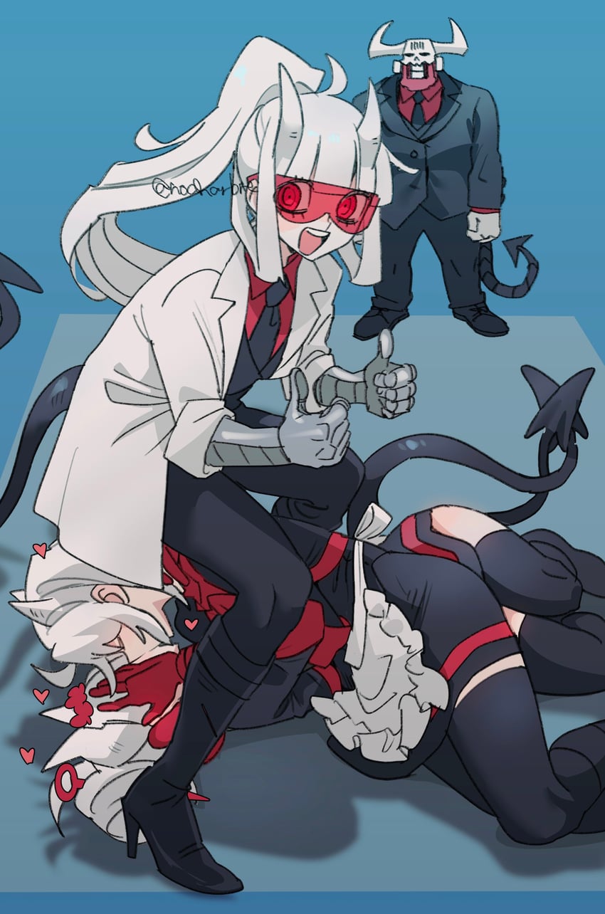 lucifer, justice, loremaster, and subject 67 (helltaker) drawn by noah_(tettsui-sole)