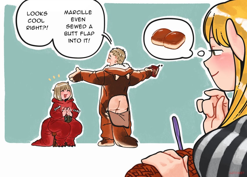 marcille donato, falin touden, and laios touden (dungeon meshi) drawn by aatom87