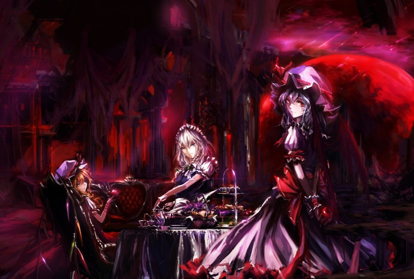 remilia scarlet, flandre scarlet, and izayoi sakuya (touhou) drawn by stu_dts