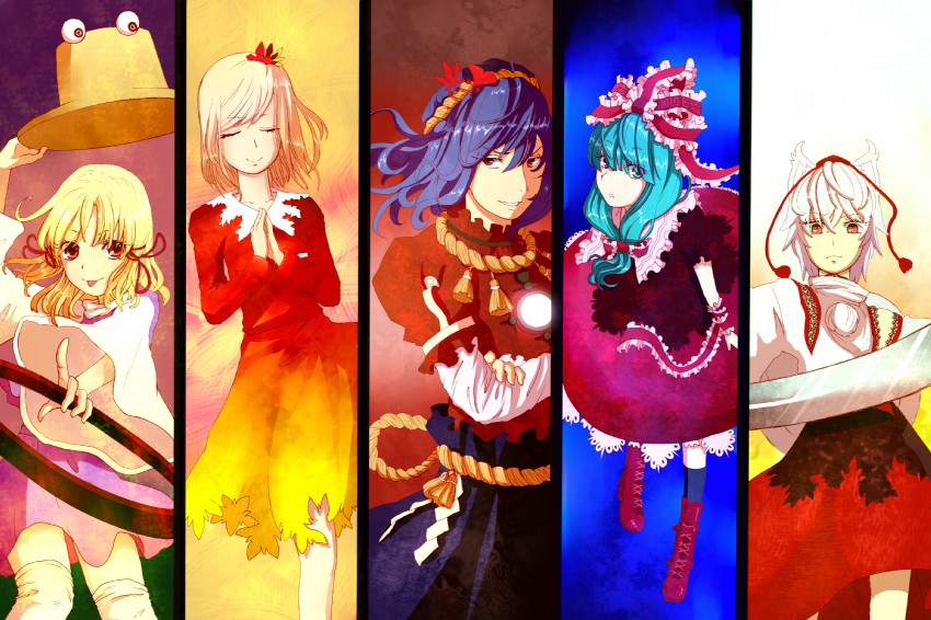inubashiri momiji, moriya suwako, yasaka kanako, kagiyama hina, and aki shizuha (touhou and 1 more) drawn by maki_(huran)