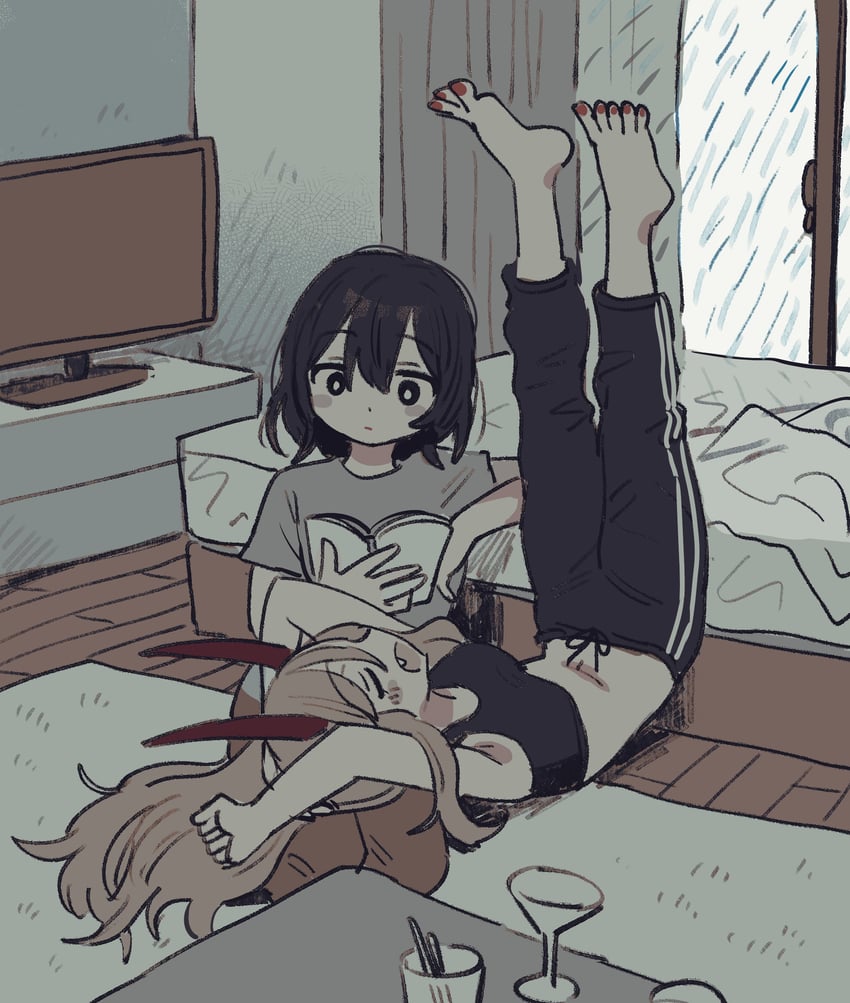 shida naori and ibuki hinata (alcohol and ogre-girls) drawn by zinbei