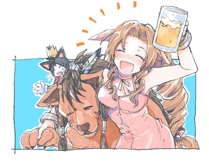 aerith gainsborough, red xiii, and cait sith (final fantasy and 1 more) drawn by michibata_65