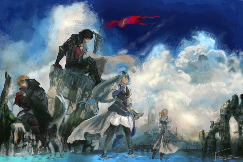 clive rosfield, jill warrick, dion lesage, joshua rosfield, and torgal (final fantasy and 1 more) drawn by falchionthesage