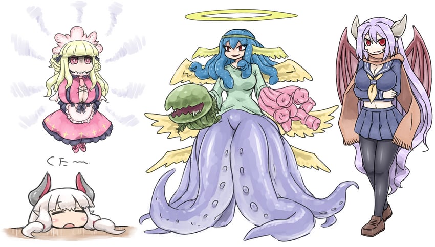 alma elma, rumi, paianne, and archangel ranael (mon-musu quest! and 1 more) drawn by shirosato