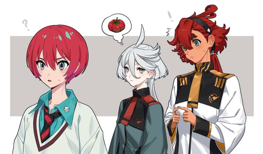 suletta mercury, miorine rembran, and amate yuzuriha (gundam and 2 more) drawn by baesong