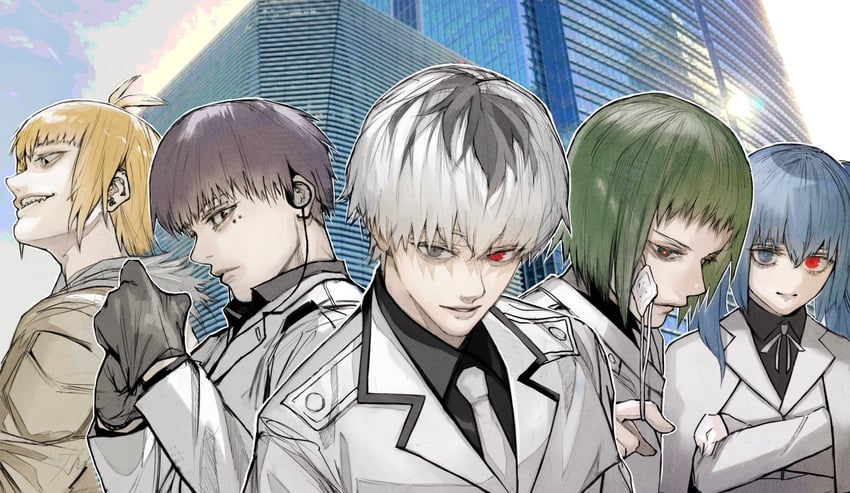 kaneki ken, sasaki haise, mutsuki tooru, yonebayashi saiko, urie kuki, and 1 more (tokyo ghoul and 1 more) drawn by stfr_(stfr_kaz)