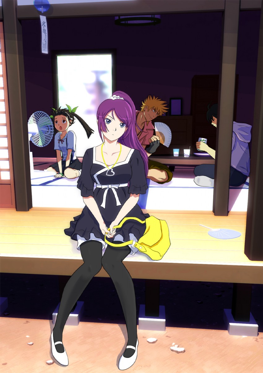 senjougahara hitagi, hachikuji mayoi, araragi koyomi, and oshino meme (monogatari and 1 more) drawn by riverplus