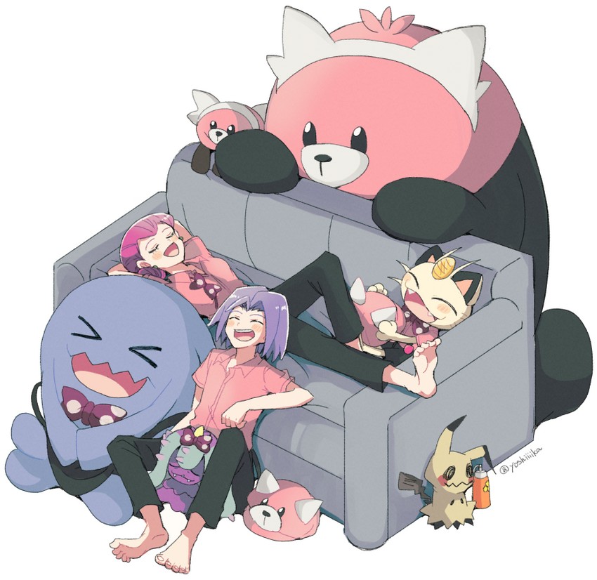mimikyu, jessie, james, meowth, wobbuffet, and 3 more (pokemon and 1 more) drawn by atsumi_yoshioka
