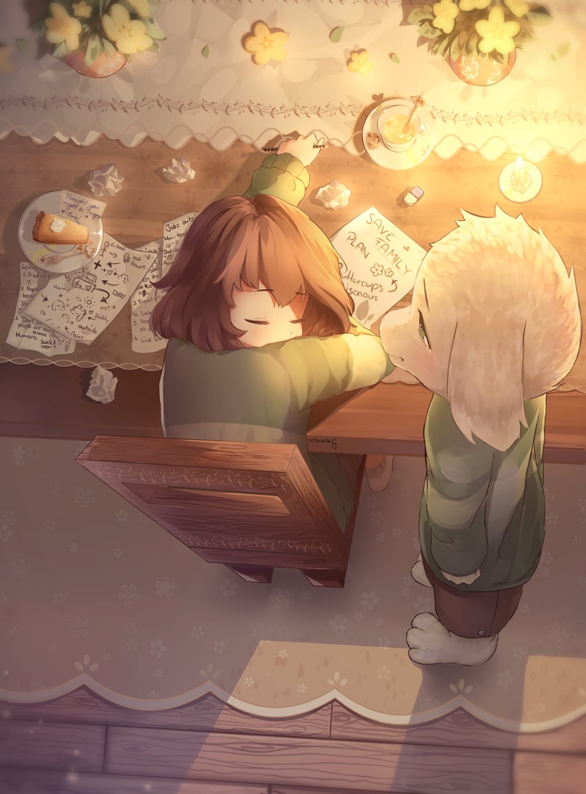 chara, toriel, asriel dreemurr, and asgore dreemurr (undertale) drawn by sasoura