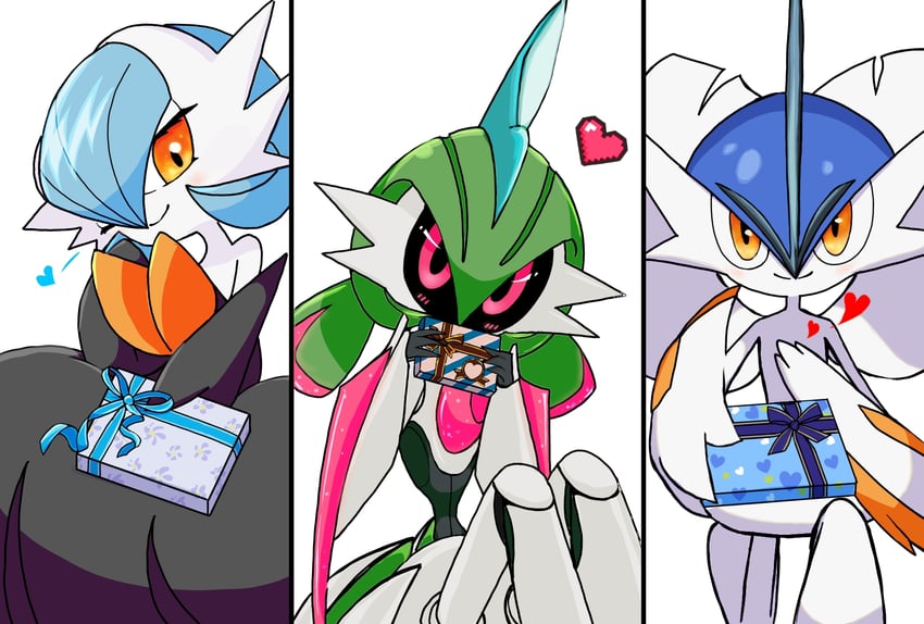 gardevoir, mega gardevoir, gallade, mega gallade, and iron valiant (pokemon) drawn by monya