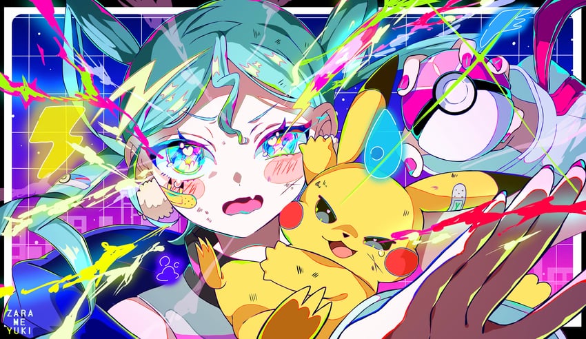 hatsune miku and pikachu (pokemon and 3 more) drawn by zarame_yuki