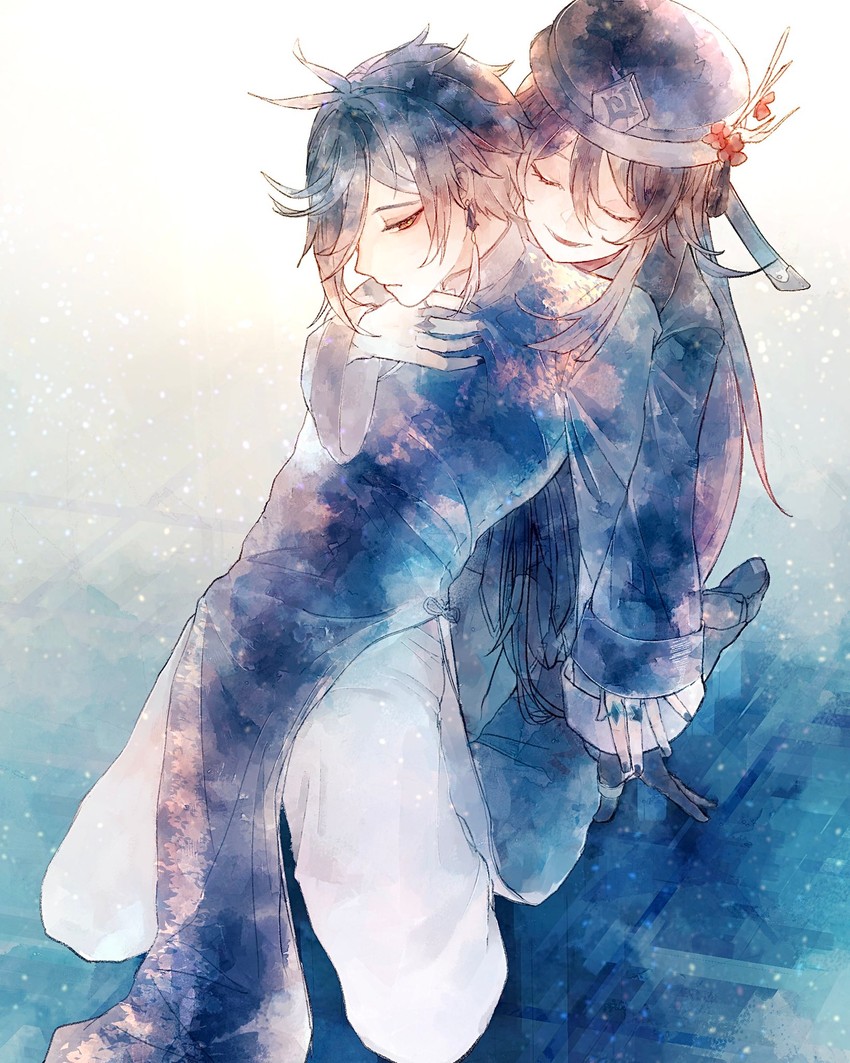 hu tao and zhongli (genshin impact) drawn by korokoromonaka