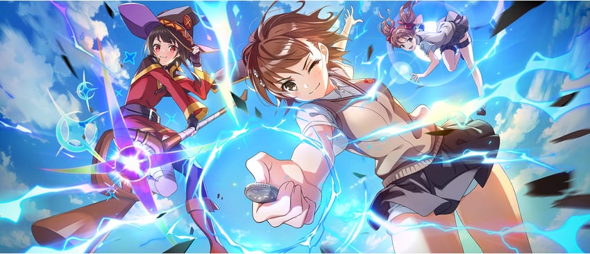 misaka mikoto, megumin, and shirai kuroko (toaru majutsu no index and 3 more)