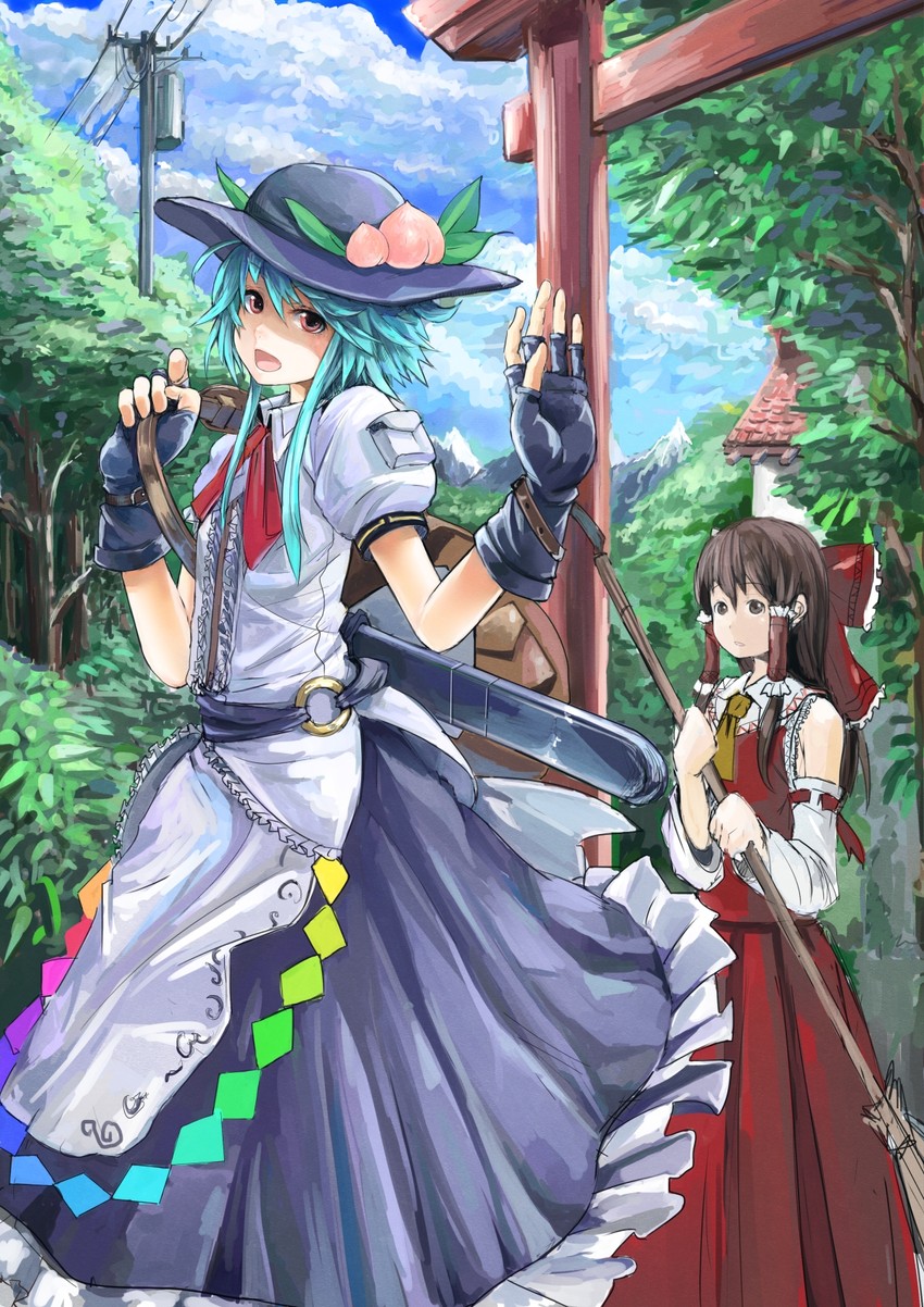 hakurei reimu and hinanawi tenshi (touhou and 1 more) drawn by koruse