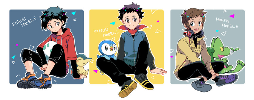 ethan, piplup, brendan, cyndaquil, lucas, and 1 more (pokemon and 3 more) drawn by xichii
