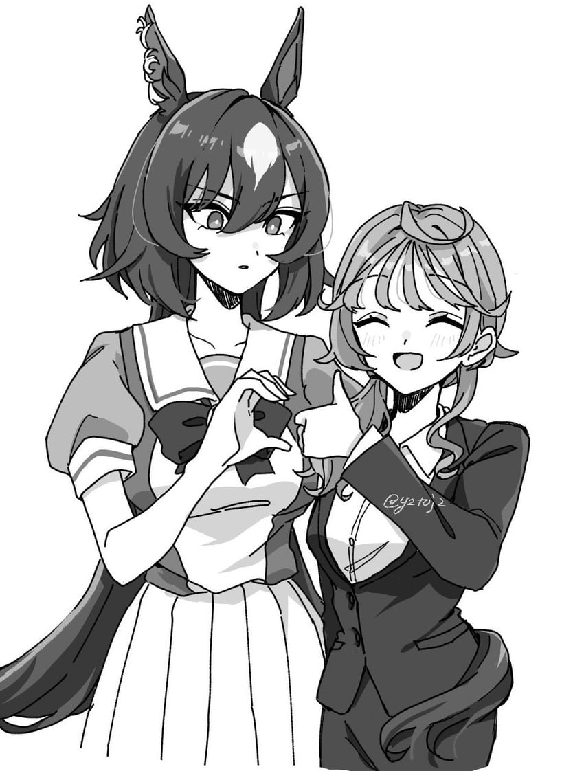 trainer, sirius symboli, female trainer, and shirohashi akari (umamusume) drawn by toji_(y2toj2)
