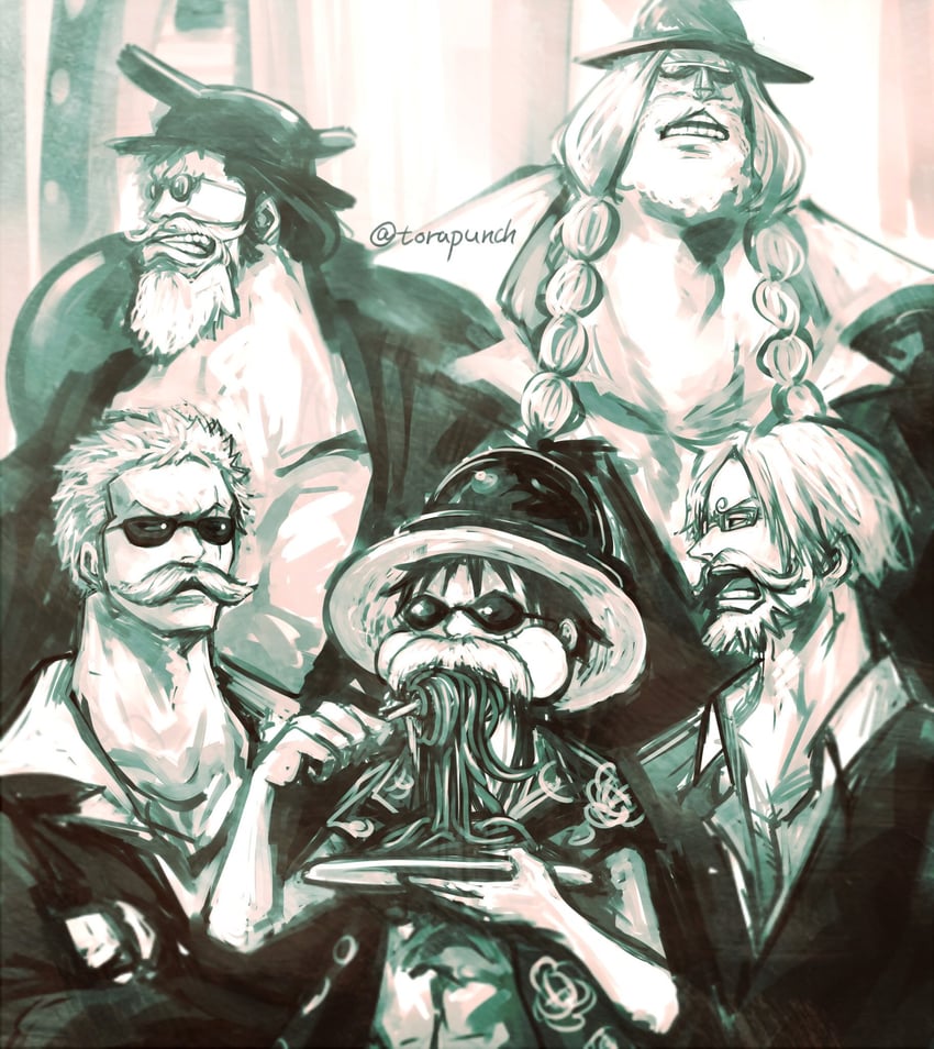monkey d. luffy, roronoa zoro, sanji, franky, and kinemon (one piece) drawn by torapunch