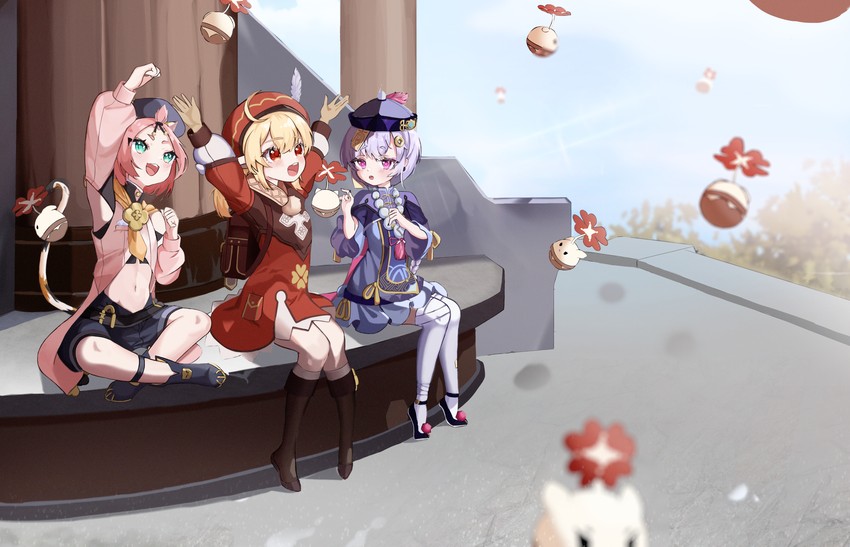 klee, qiqi, jumpy dumpty, and diona (genshin impact) drawn by bomrung