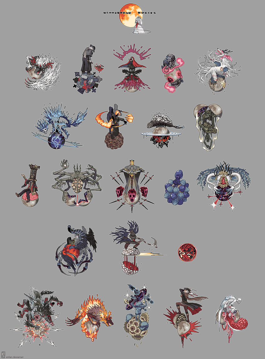 lady maria of the astral clocktower, father gascoigne, gehrman the first hunter, amygdala, moon presence, and 18 more (bloodborne) drawn by emlan