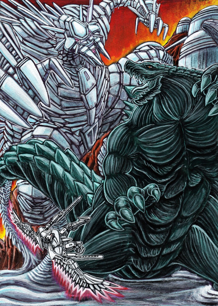 godzilla, mechagodzilla, and godzilla earth (godzilla and 2 more) drawn by furuta_yoroshi