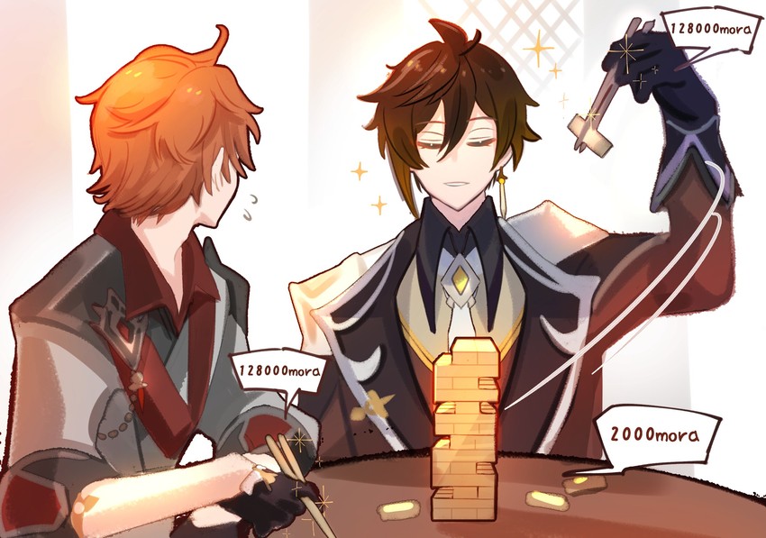 zhongli and tartaglia (genshin impact) drawn by enpitsu01
