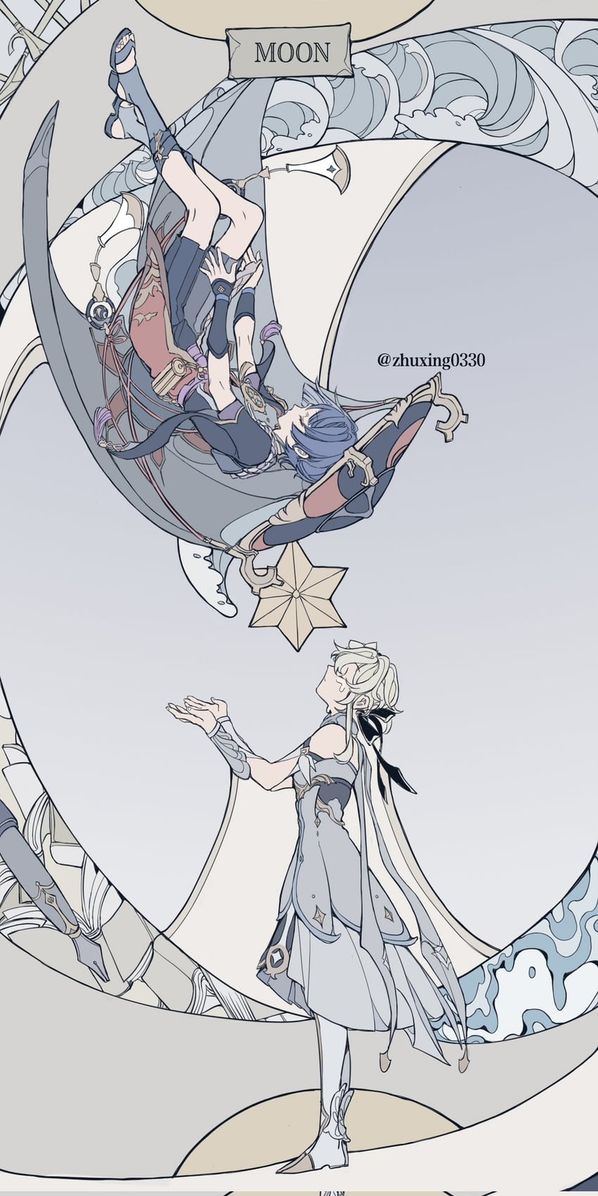 lumine and scaramouche (genshin impact) drawn by zhuxing0330