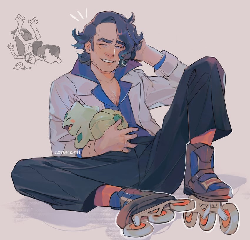 bulbasaur and professor sycamore (pokemon and 1 more) drawn by conmenn_art