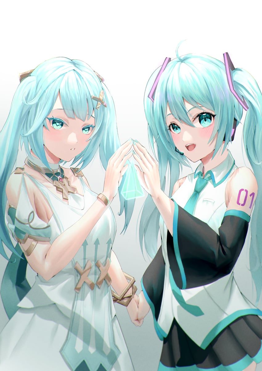 hatsune miku and faruzan (genshin impact and 1 more) drawn by saure_teigtasche