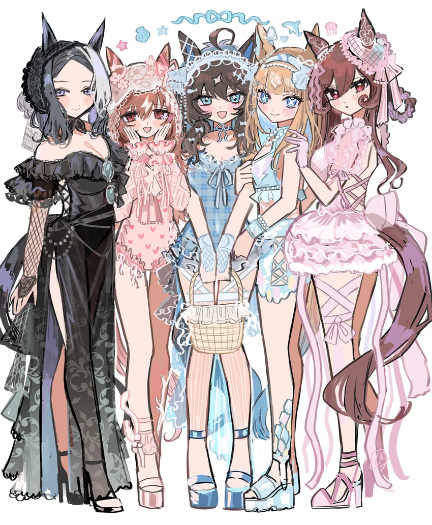 gentildonna, still in love, mejiro ramonu, daring tact, and almond eye (umamusume) drawn by kumo_(mokumoku_warabi)