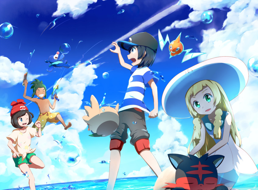 lillie, selene, rotom, rowlet, elio, and 4 more (pokemon and 1 more) drawn by shirogane_yu
