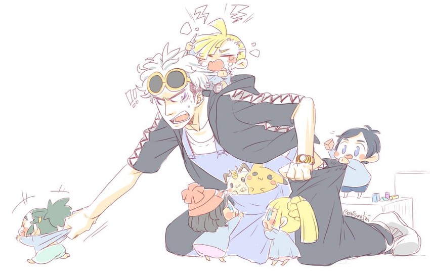 pikachu, lillie, selene, elio, gladion, and 3 more (pokemon and 1 more) drawn by akatsuki_(wildstrawberry)