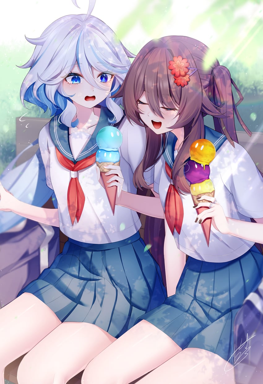 hu tao and furina (genshin impact) drawn by takemura_kou